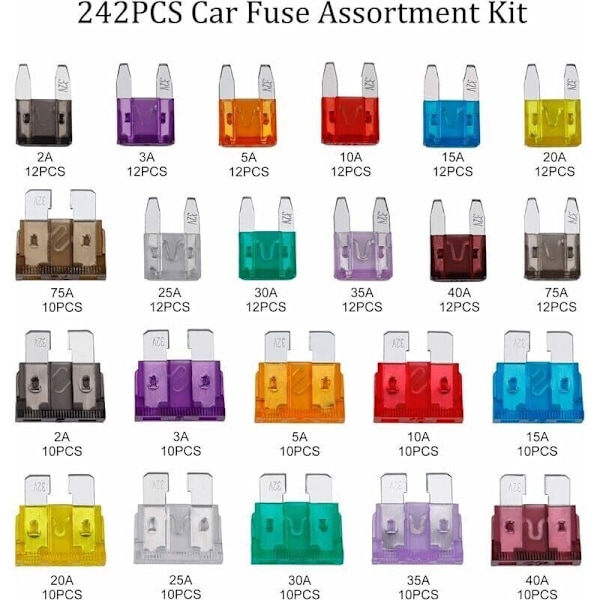 Bil Säkring Auto Mini Säkringar Blandat Kit 2A 3A 5A 7.5A 10A 15A 20A 25A 30A 35A 40A med Clip Förvaringslåda 242 st, av DEBUNS