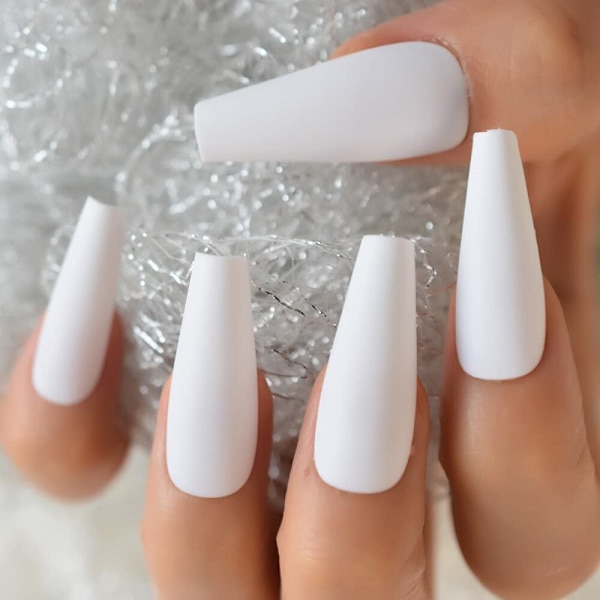 Ekstra lange ballerina hvite falske negler matte ren solid farge frostet avsmalnet fost tykk gjenbrukbare fingernegler 24 stk