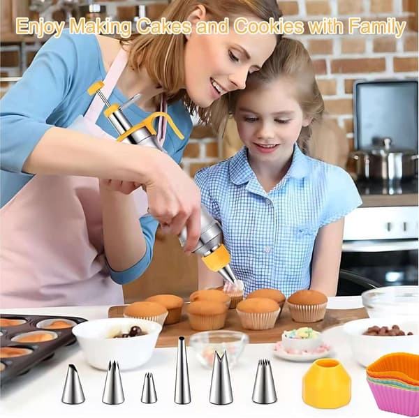 Kagedekorationssæt, manuel sprøjtepistol med 6 rustfri ståltyller og 2 koblinger, til kager, cupcakes og småkager, pink
