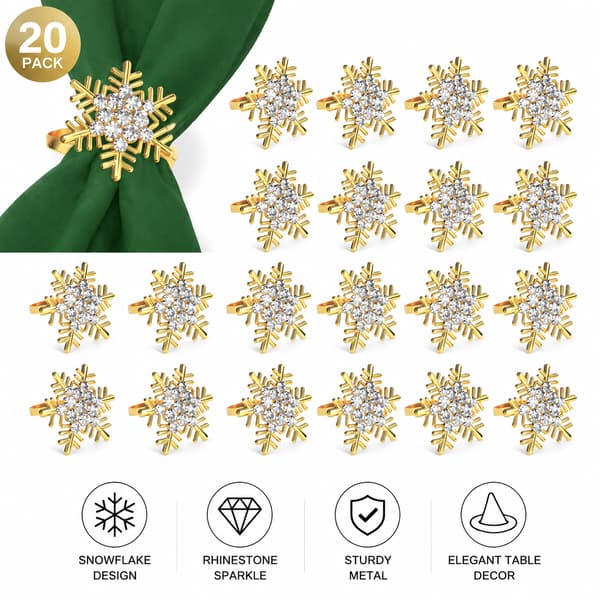20-pak guldfarvede rhinstens-snefnug servietringe, luksuriøse metalservietspænder til julefester, vinterbryllupper og middagsselskaber Golden snowflakes