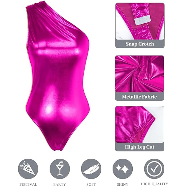 Kvinners metallisk flytende body One Shoulder Leotard Top Rose-L/Rose