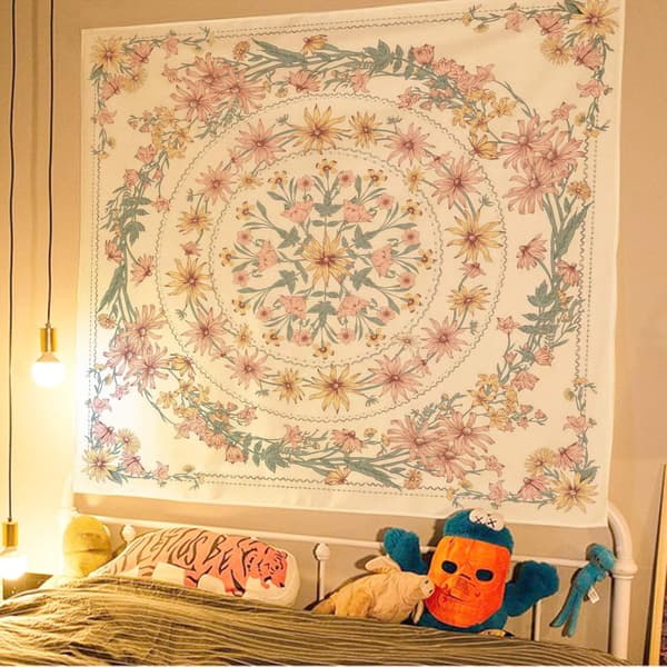 Mandala Blommig Medaljong Tapestry, Skissad Blommig Boho Väggbonad, Bohemiska Hippie Tapestries