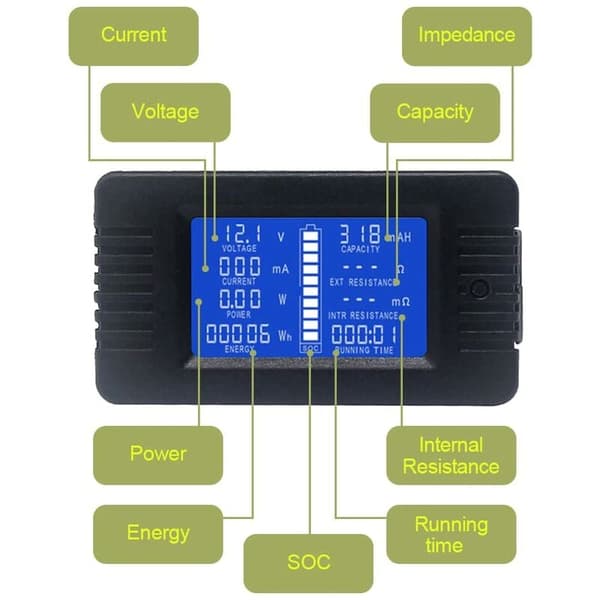 Batterimåler DC Voltmeter Amperemeter Energi Strømovervåker LCD Digitalt Multimeter Spenning Strøm Kap Ohm Time SOC Meter LCD DC 0-200V 100A Shunt