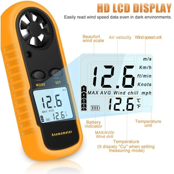 Bärbar Anemometer Hög Precision Digital Anemometer (±5%) med LCD-bakgrundsbelysning, Handhållen Anemometer för Utomhusbruk, HAVC, Drönare