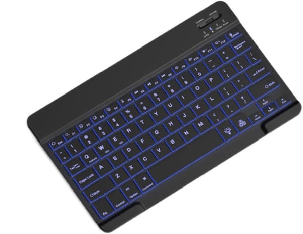 Bluetooth-tastatur med 7-farvet baggrundsbelysning, bærbart genopladeligt saksetastdesign til tablets, telefoner, rejser og kontor, sort