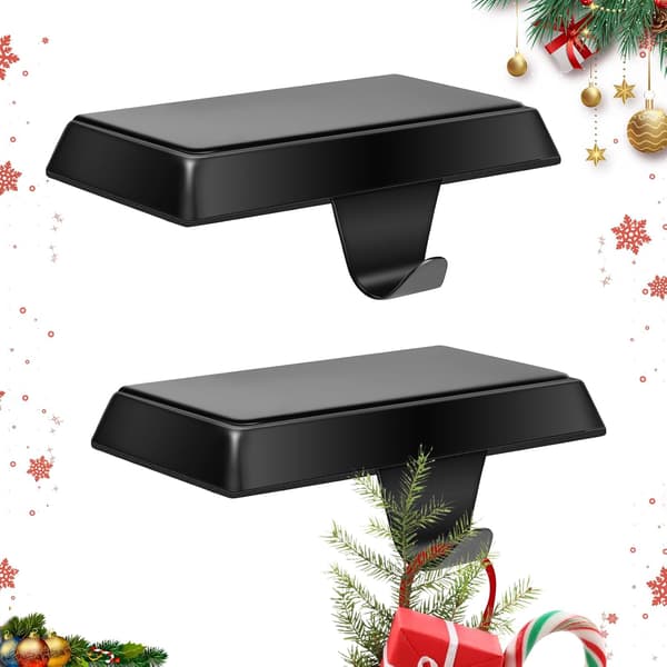 2-pack julstrumphållare för spiselkrans, kraftiga halkfria krokar i zinklegering för eldstadshylla, fönster, svart
