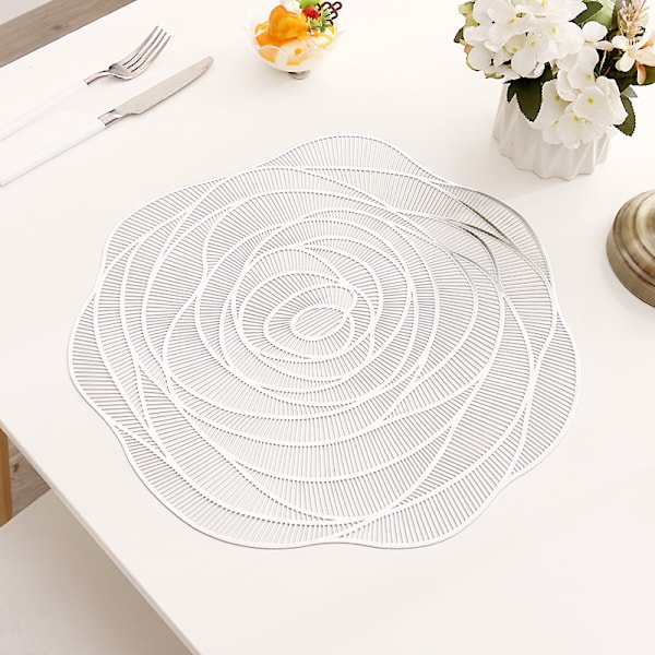 Rose blomster brikke isolasjonspute lett luksus varm stempling coaster myk dekorativ bordmatte fest tallerkenmatte Placemat 38cm Silver 2pcs