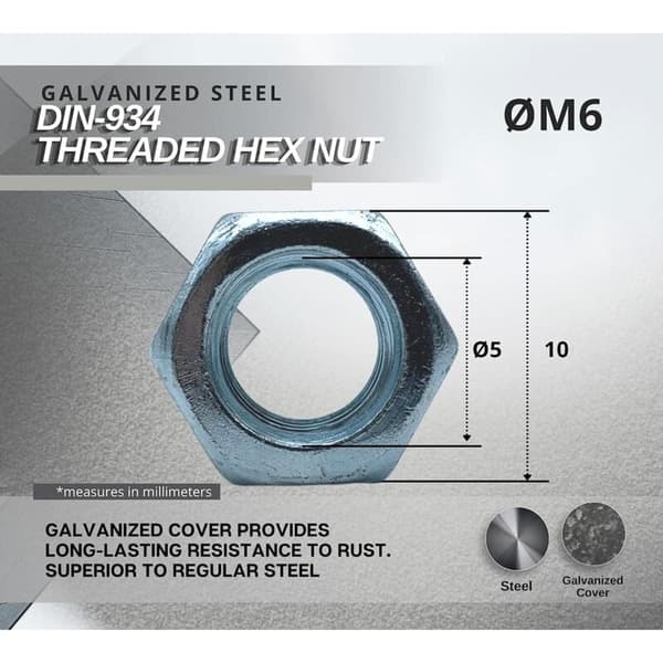 Mutter 50 Sexkantmutter M6 5mm x 10mm Galvaniserat stål DIN 934 Mutter M6 för bultar och muttrar, kopplingselement, justering och fixering internt och externt