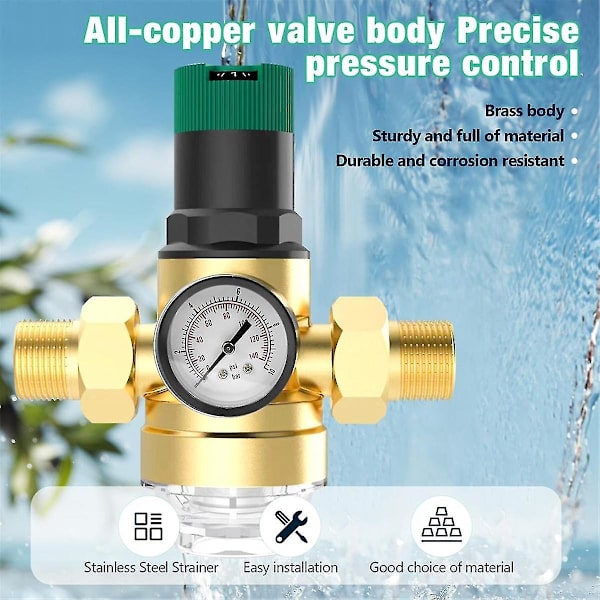 Tryckregulator Vatten 3/4 Tum, Vattentrycksregulator Med Vattentrycksmätare Och Nätfilt