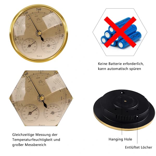 Analog vejrstation - barometer, termometer, hygrometer (guld, 128 mm) Guld Gold
