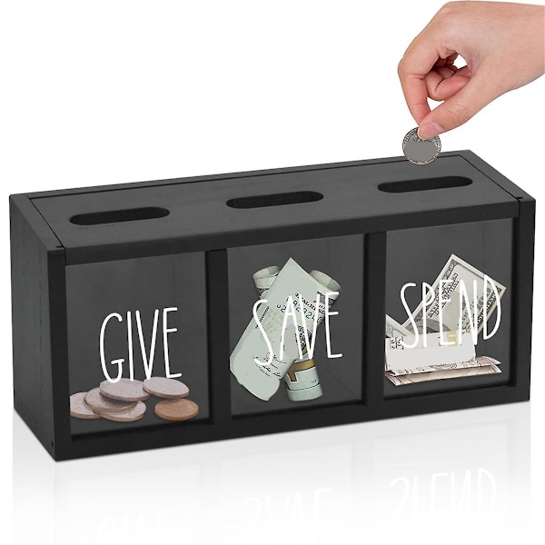 Wooden Give Save Spend Money Saving Box for Kids, Countertop Kid Piggy Bank for Daily Cash, Wall-Mo