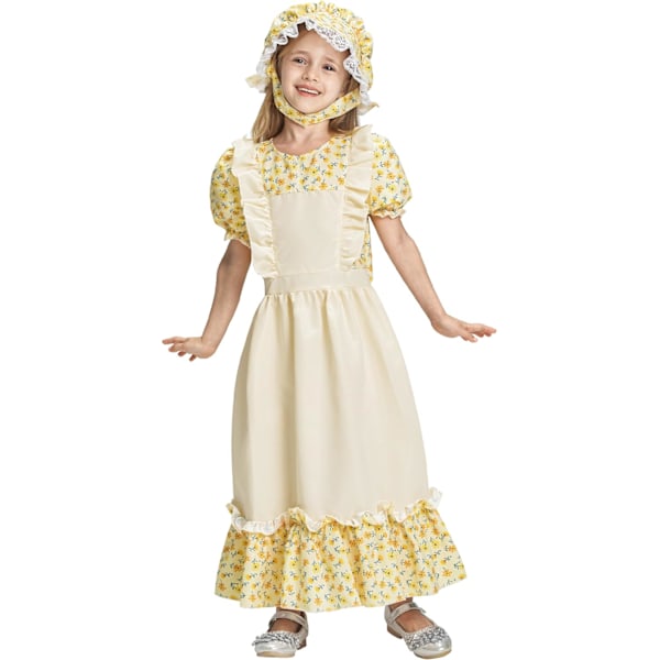 Flickor Prairie Pioneer Kostym Barn Victorian Magic Fancy Dress för Halloween Världsbokdag Karneval Party Present 3-10 År GUL 4-6 Jahre