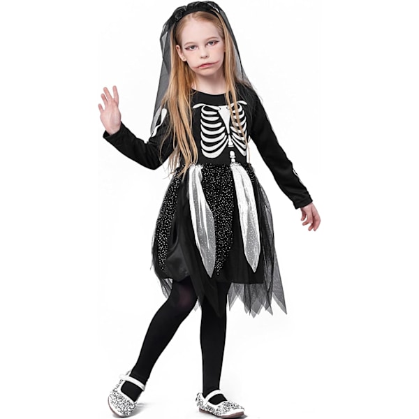 Halloween-asu Kuolleiden päivä, Dia de los Muertos -mekko, asu morsian la Catrina, luurankoasu lapsille naisille naisille Svart-flickor 8-10 Years