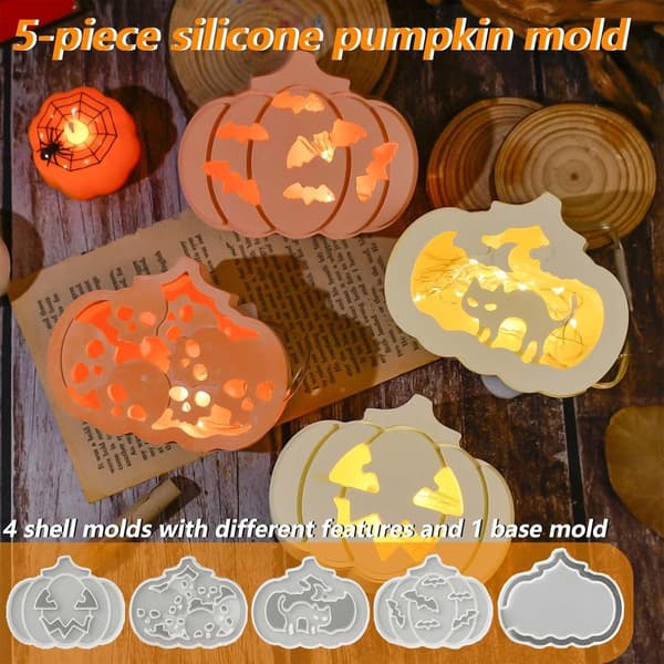5-pak græskar silikone lysforme, Halloween-designs, genanvendelige fødevaregodkendte forme til gør-det-selv-lys, sæbe, harpiks og chokolade