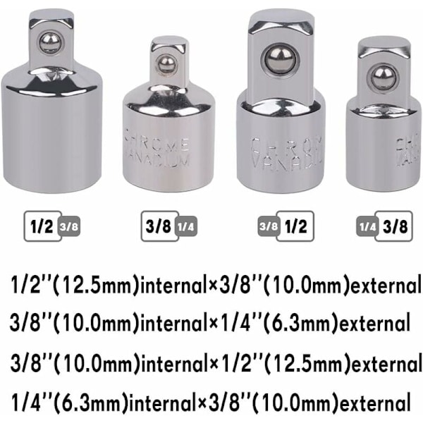 4kpl Räikkäadapteri Hylsyadapteri Räikkä 1/2 - 3/8 - 3/8 - 1/2 - 1/4 - 3/8 - 3/8 - 1/4 Hylsyn pienennin hylsyille ja kärjille
