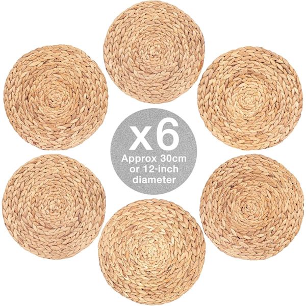 6 kpl Vedenhyasintti-Aluslautasia, Pyöreät 30 cm, Laadukkaat Kudotut Korialuslautaset D