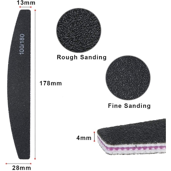 Neglefile, 100/180 Grit Dobbeltsidet Emery Board, 16 stk Professionelt Neglefil Sæt Buede Fingerneglefile til Neglepleje og Styling (Sort)