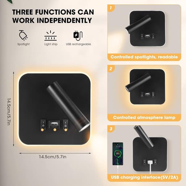 2-pack LED-vägglampor, 3000K varmvitt, 360° justerbar läslampa, USB-laddning, dubbla strömbrytare, sovrum, svart