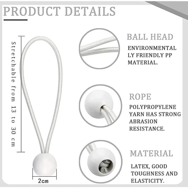 Pakke med 50 elastiske elastiksnore med kugler, elastiske elastiksnore, elastiske kugler til telte, pavilloner, bannere og presenninger..DEBUNS