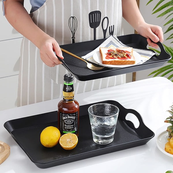 Packa svarta serveringsbrickor med handtag, IN rektangulär halkfri multifunktionsplastbricka för restaurang, fester, soffbord