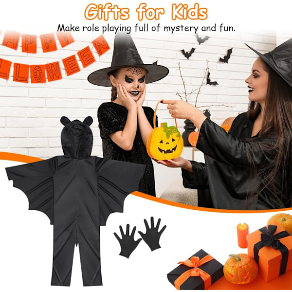 Børneflagermuskostume, Sort Flagermuskostume, Flagermuskostume, Halloweenkostume, Karneval, Kappe, Flagermuskostume, Maskerade Kostumer svart Medium