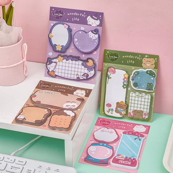 Tegneserie-sticky notes, 4-pak, 12 søde dyredesigns, 20 ark hver, 240 ark i alt, til studerende, børn, skole og kontor