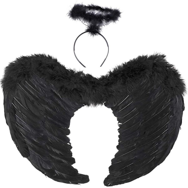 Änglavingar, Svart, Änglakostym för kvinnor, med gloria och svarta vingar, för flickor, fjäder vingar Fallen angel wings - black-45 cm
