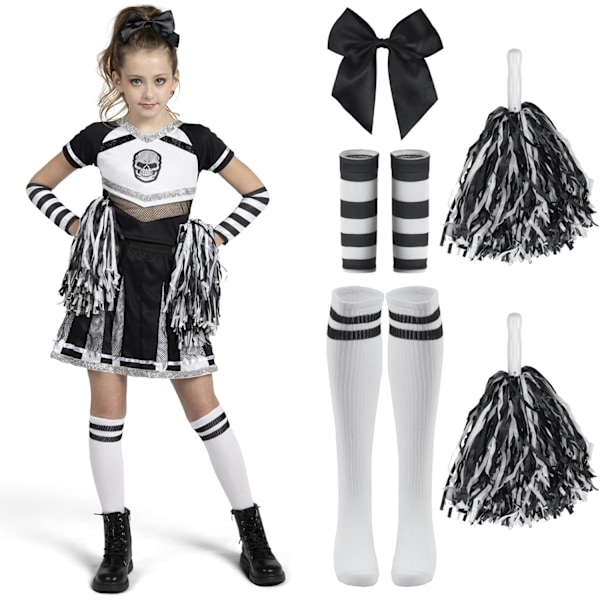 Cheerleader-kostyme for jenter, skummel cheerleader-kostyme, skummelt zombie-kostyme for Halloween-maskerader Svart och vit Medium (8-10 yrs)