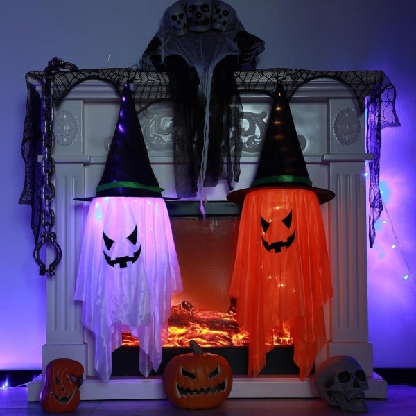 IC Halloween Hengende Glødende Spøkelsesaktig Heksehatt Spøkelseslys Innendørs Utendørsdekorasjon Plen Hagefest (Spooky-2 Deler-Lilla+Hvit)