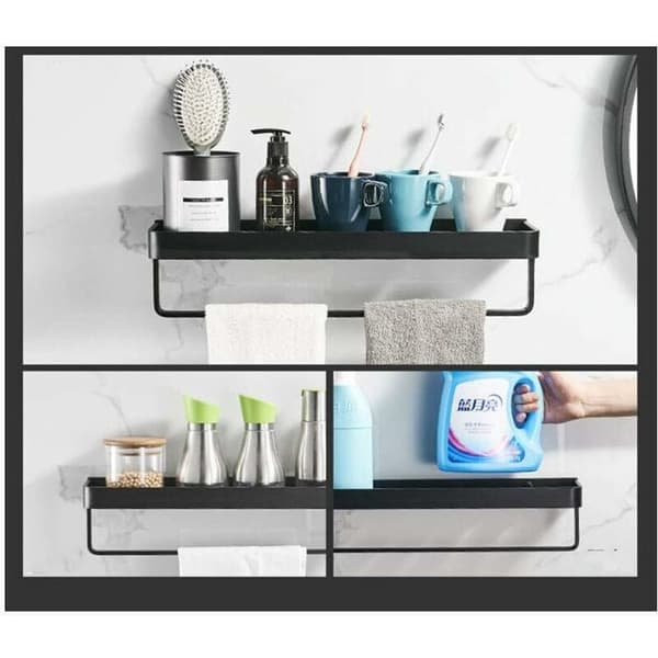 Håndklædeholder, firkantet badeværelseshylde med håndklædestang og vægmontering, solid aluminiumslegering mat sort finish, sort, 30 cm