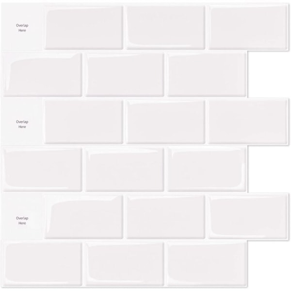 Pakkaus, jossa 10 valkoista metrolaattaa, itseliimautuva, keittiön ja kylpyhuoneen liimattava taustalevy, 3D-tiilivinyyliliimautuva paperi, 30x30cm