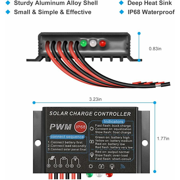 Solpanelregulator, Ladekontroller Solpanelregulator 12V/24V 20A PWM Vanntett IP68 Solpanelladekontroller