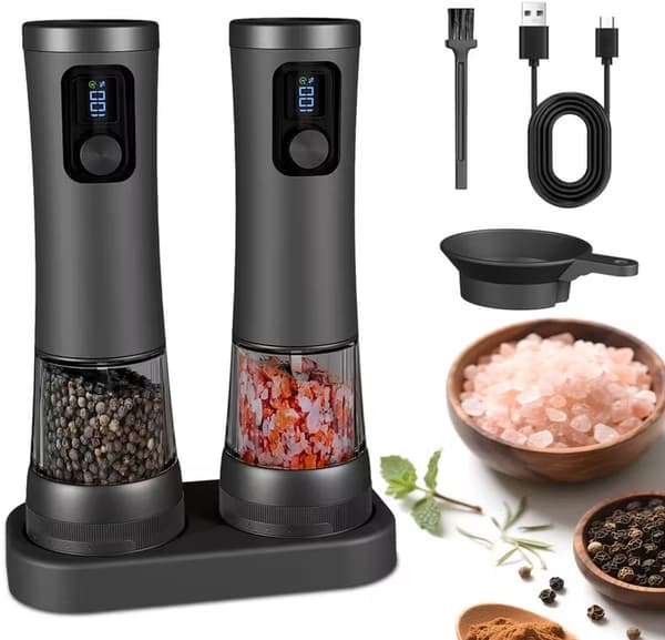 Elektriske salt- og peberkværne, rustfrit stål, keramisk kerne, 5 kværnindstillinger, USB-C genopladelig, til moderne køkkener, sort