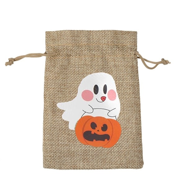 Halloween tecknad spöke pumpa imitation linne dragsko väska godis mellanmål väska bärbar presentförpackning väska Ghost Pumpkin-Black; Linen; 10*14cm