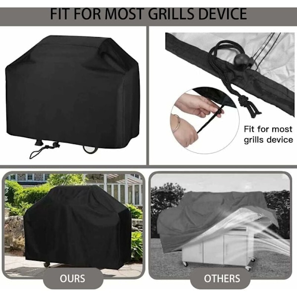 Säänkestävä BBQ-suojus - Oxford-kangasta, vedenpitävä, pölytiivis ja UV-säteilyä kestävä BBQ-suojus nepparikiinnityksellä ja säilytyspussilla (145 x 61 x 117 cm)