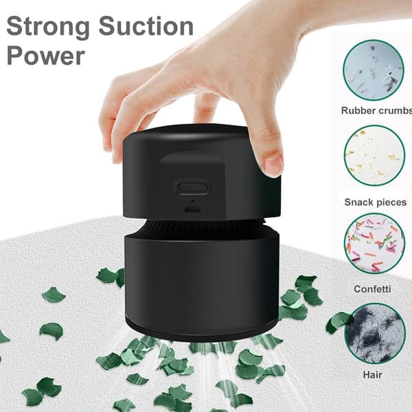 Mini skrivebordsstøvsuger, ledningsfri 360° roterende ABS-design, 400-minutters batteri, til tastaturer hjemmekontor, sort, 10,5 x 8 cm