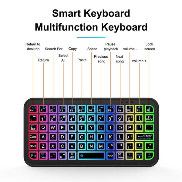 Mini trådløst Bluetooth-tastatur, farverig baggrundsbelysning, Type-C genopladeligt, til telefoner og tablets, Android, iOS, Windows og Mac