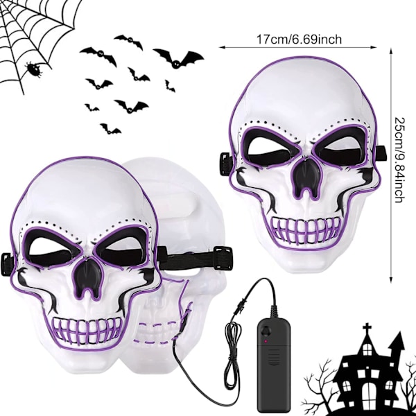 Halloween LED-maske, LED-skjelettmaske, LED-rengjøringsmasker, skrekkmaske, halloweenmaske, for karneval, halloween, cosplay og fester Purple