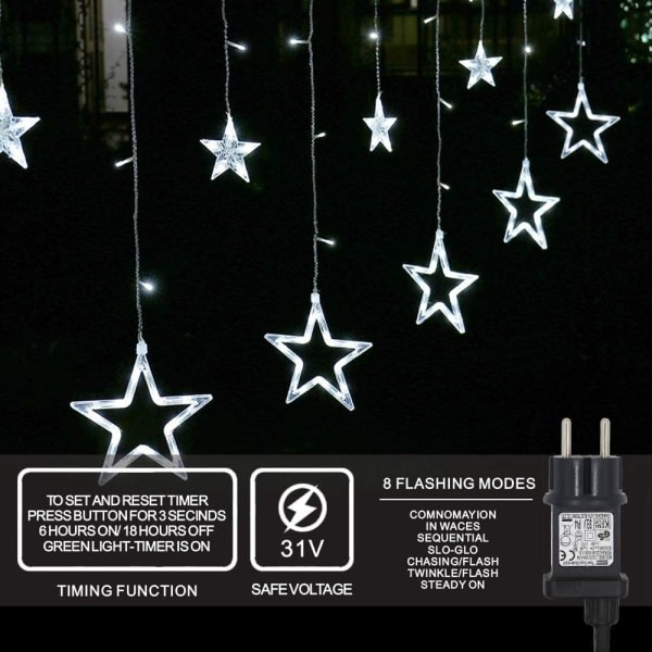 12 stjärnor LED ljusslinga, stjärngardin 138 LED trädgård balkong dekoration vit