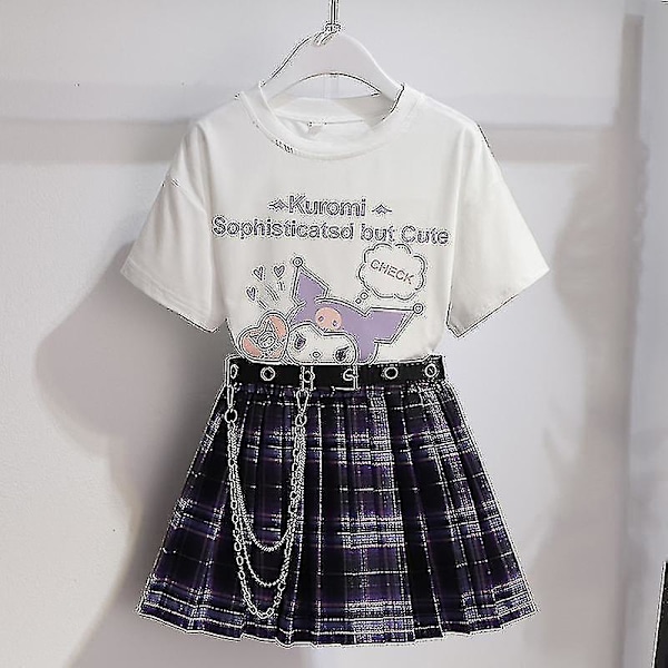 Sanrios tegneserie Kawaii jenter hvit T-skjorte dress Kuromi søt sommer kort ermet college Jk uniform skjørt barn trendy skjørt Kuromi2 Kuromi2 170cm