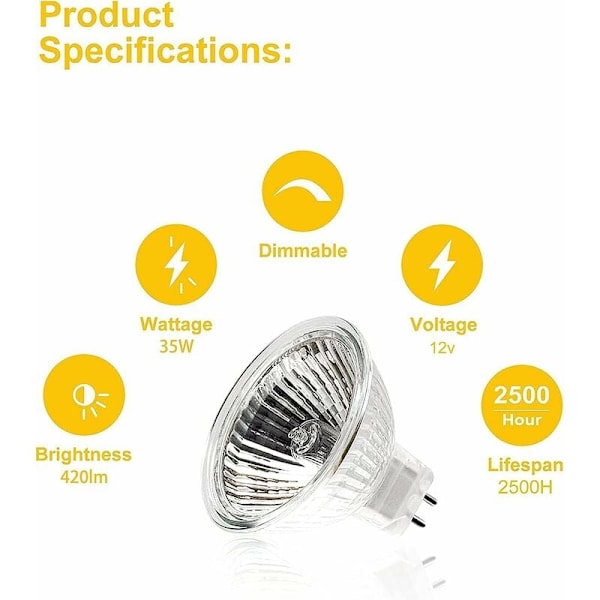 Halogenpærer, MR16 Spotpære, 12V 35W Pære, GU5.3 Pære MR16 Dæmpbar Pære, 2 Ben Halogenpærer Varm Hvid 2700K, Pakke med 12 (MR16-35W-12P)