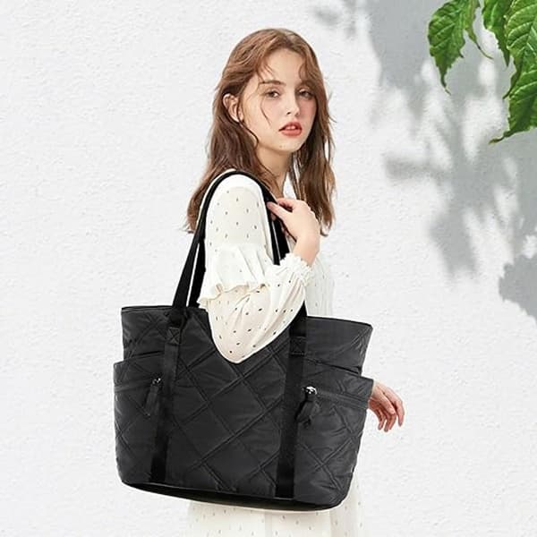 Quiltet laptoptaske til kvinder, vandtæt, polstret 15-tommer rum, 20L, pendlerrejser, sort, 40 x 32 x 16 cm