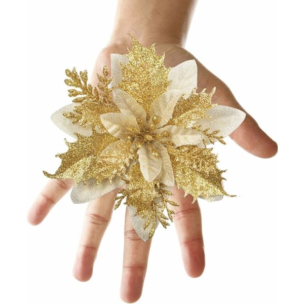 12 stk. Glitter Juleblomster (15cm) med 12 stk. Kunstig Julestjerne til Juletre (Gull)