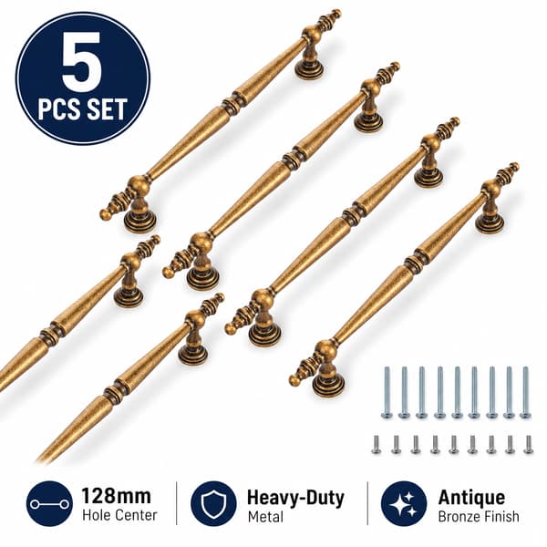5-pak antikke bronzegreb til skabe, 128 mm hulafstand håndtag til kommodeskuffer Model A - Hole Spacing 128