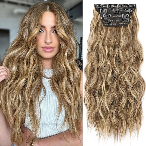 Hår Extensions Brun mix Blond Clip in Syntetisk Highlight Hår Extensions Lang Bølget 4PCS Tykke Hårstykker 20 Tommer til Kvinder