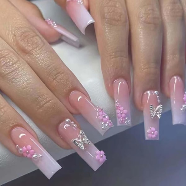 Long Square Press on Nails Gradient Fake Nails Butterfly Nails Tips Full Cover Daisy False Nails for Women and Girls 24Pcs, Nude