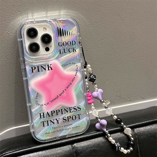 IC Case til iPhone 13 Pro Max med telefoncharm/kæde, glitrende rosa stjernemønster Klart sødt phone case med perle