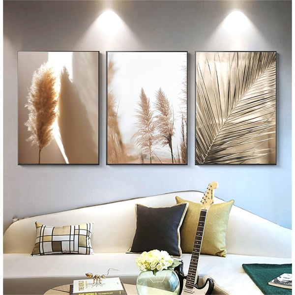 Set med 3 premiumaffischer, beige pampasgräsaffischer, modern väggdekoration, vintage , vardagsrum, sovrum, oinramad, (30 x 40 cm)