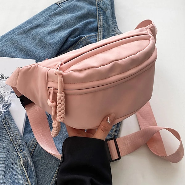 Brustväska Bananväska för kvinnor Sling Crossbody Midjeväska Canvas Löparväska Casual Fanny Packs Sport Crescent Bältesväska Rosa Pink 29x13x10cm