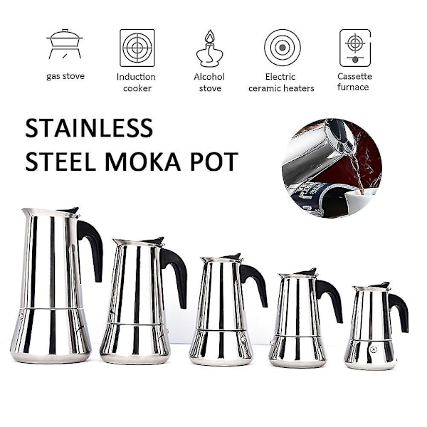 Rustfritt stål italiensk Moka Espresso Perkolator Kokeplate Kaffekanne Pot 2024~
